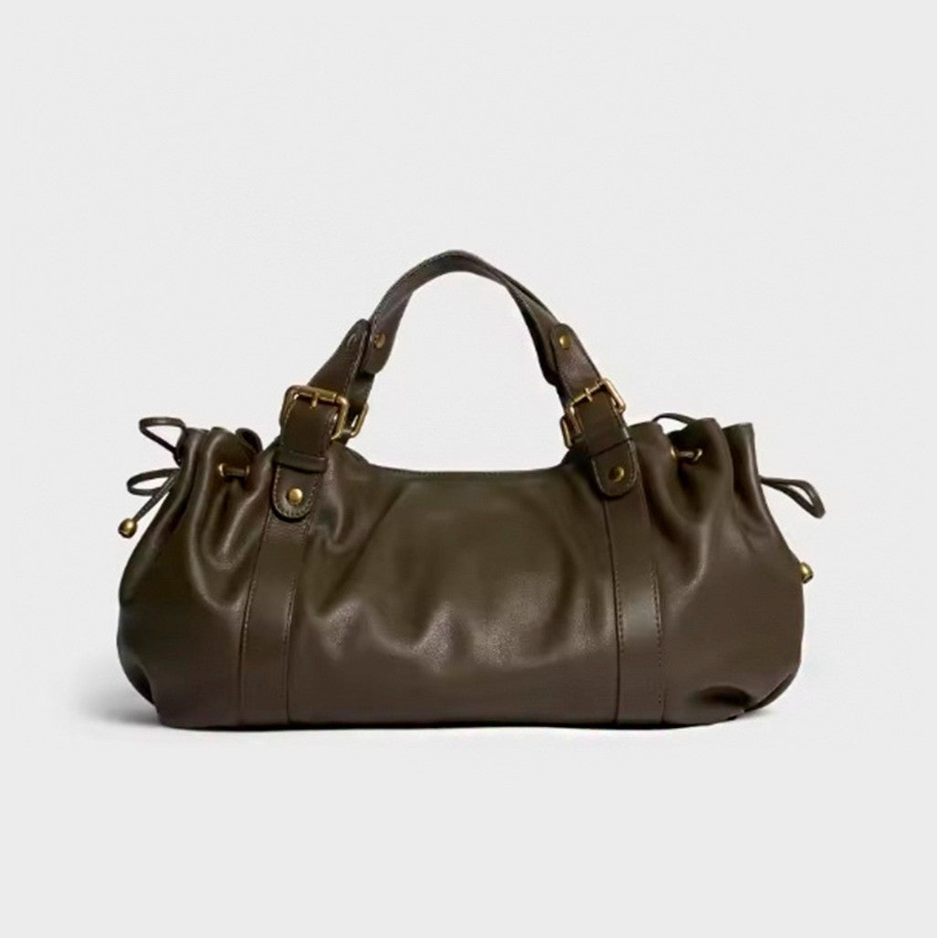 Black large capacity soft leather tote bag with pleated drawstring hand-held shoulder bag