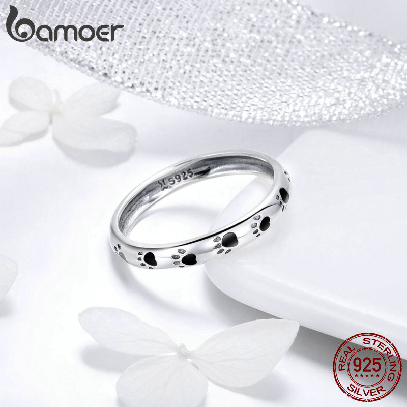 BAMOER 925 Sterling Silver Stackable Dog Cat Footprints Finger Rings for Women Wedding Ring Jewelry Valentine's Day GIFT SCR445