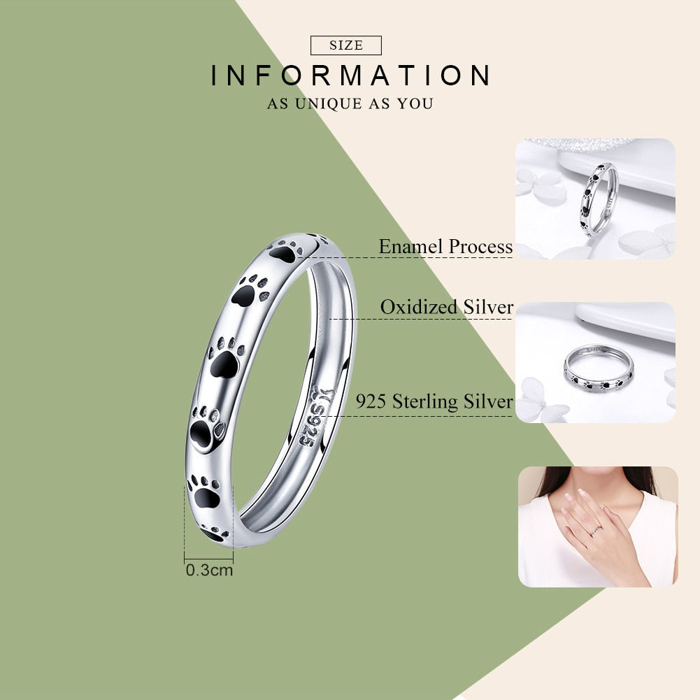 BAMOER 925 Sterling Silver Stackable Dog Cat Footprints Finger Rings for Women Wedding Ring Jewelry Valentine's Day GIFT SCR445